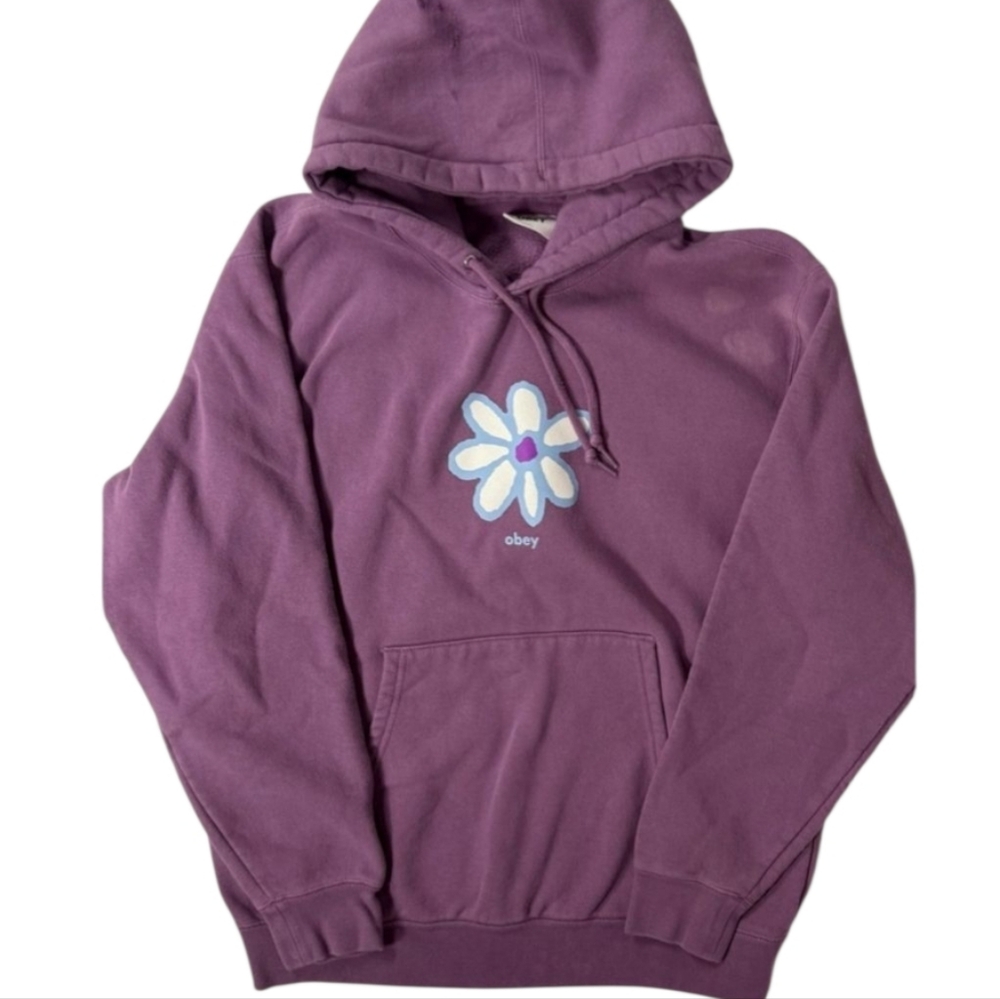OBEY Flower Hoodie Purple Sweatshirt Front Pocket Size M
